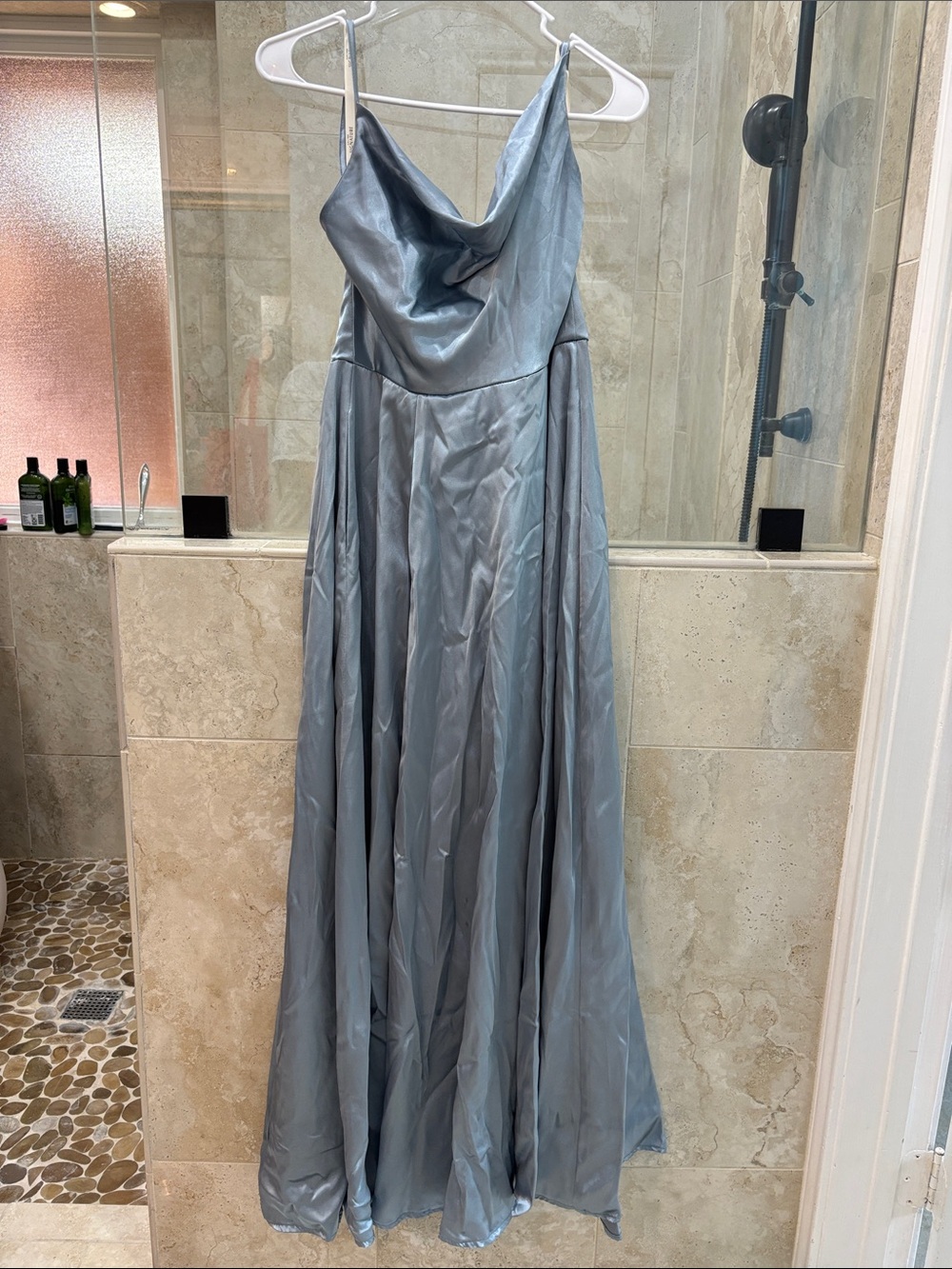Signature Silver-Gray Satin Prom Gown